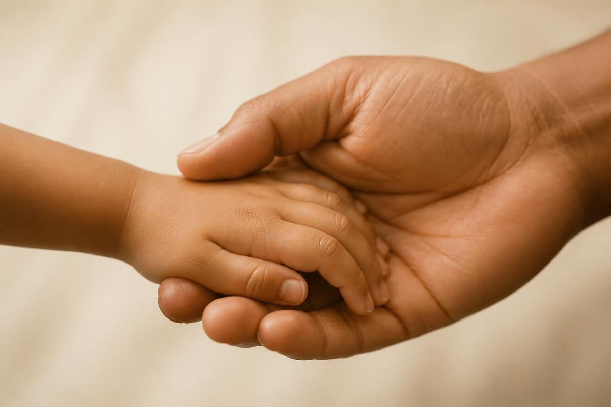 An adult hand gently steadying a small child's hand