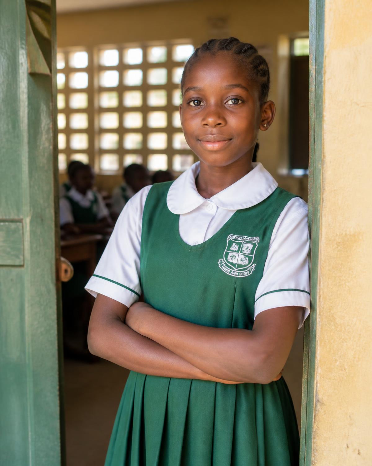A girl in school uniform standing in the doorway of a sunlit classroom