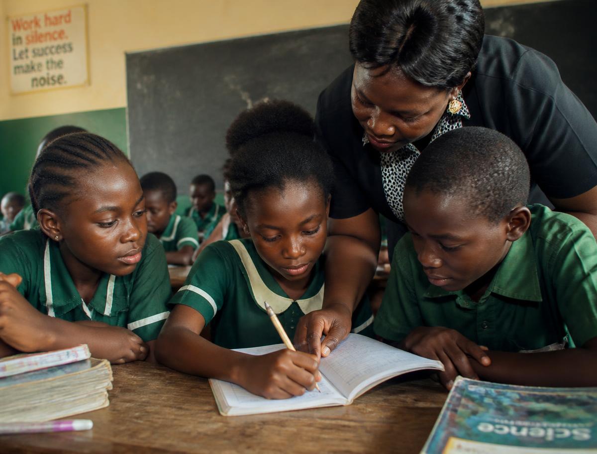 Children in green uniforms studying with their teacher