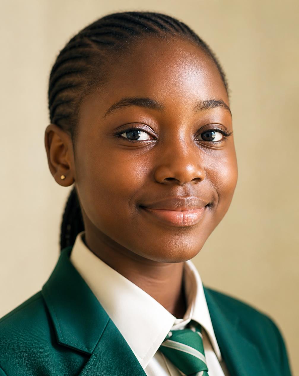 Portrait of a teenage girl in school uniform smiling in warm daylight